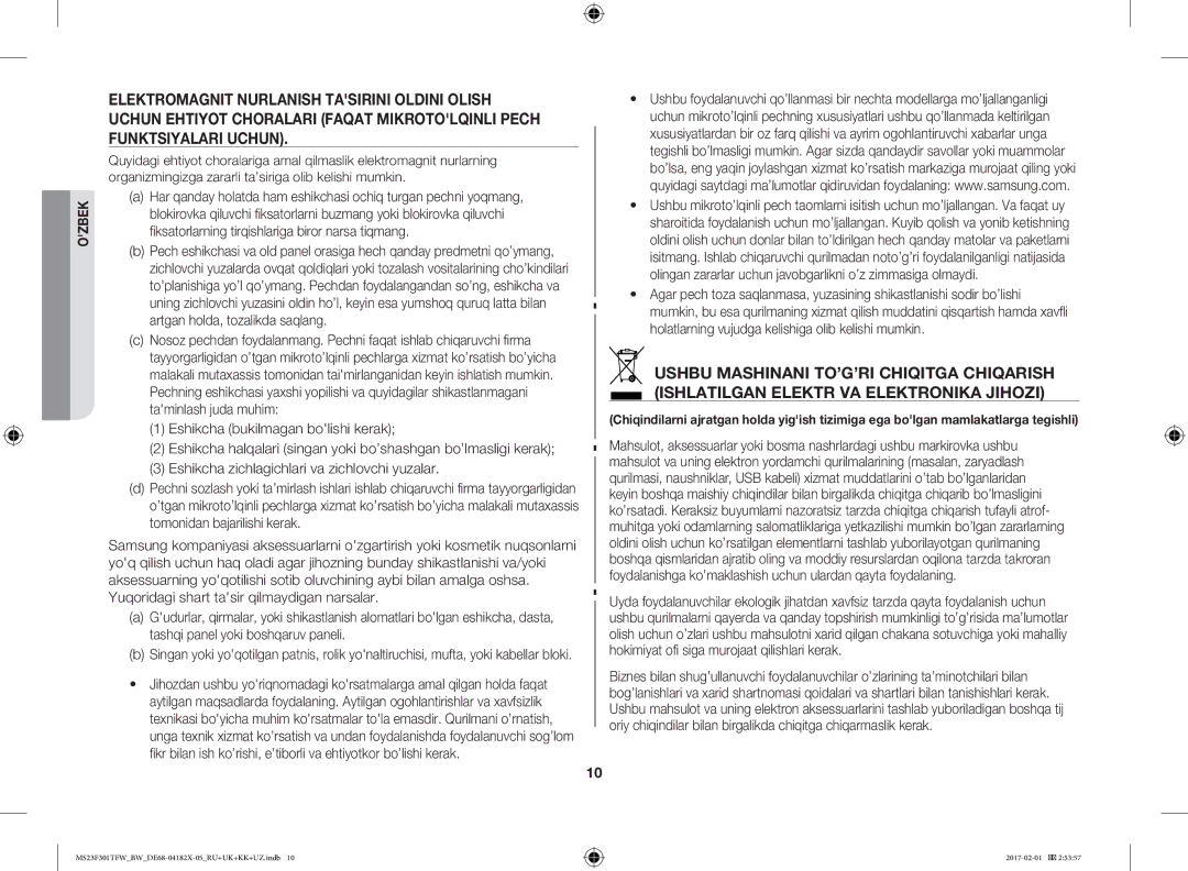 Samsung MS23F302TAK/BW, MS23F302TAS/BW, MS23F301TFW/BW, MS23F301TAW/BW manual Ozbek 