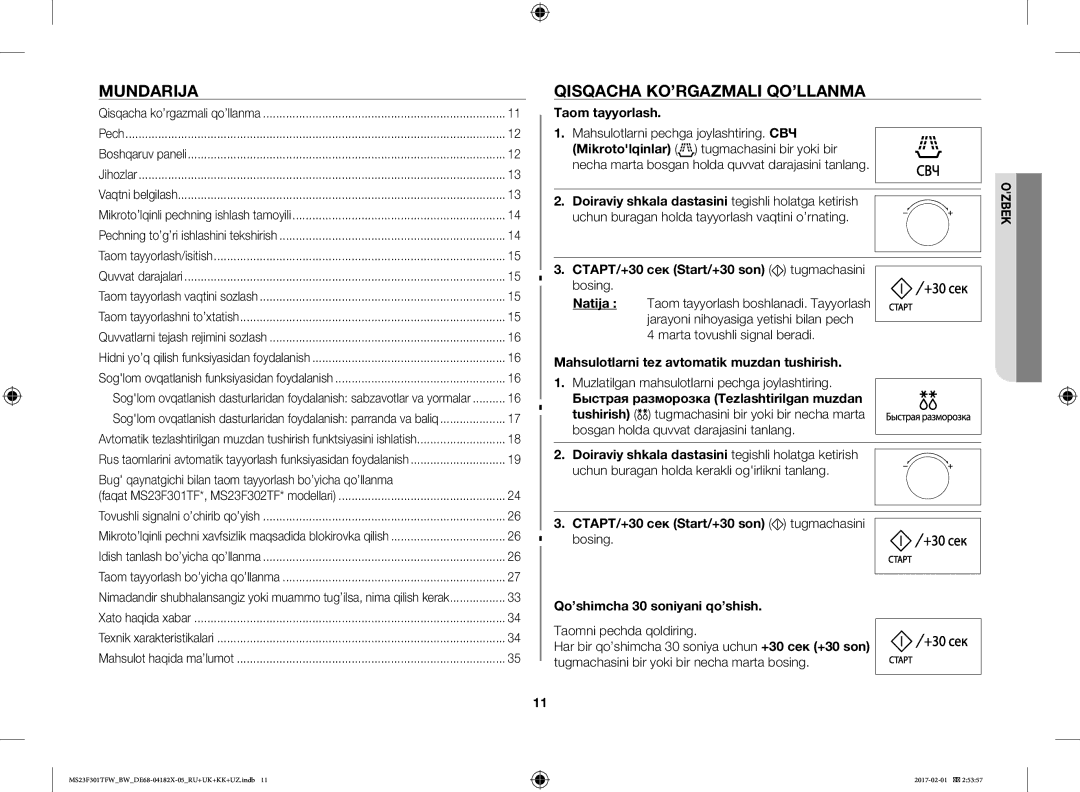 Samsung MS23F301TAW/BW, MS23F302TAS/BW, MS23F301TFW/BW manual Mundarija, Qisqacha KO’RGAZMALI QO’LLANMA, Taom tayyorlash 