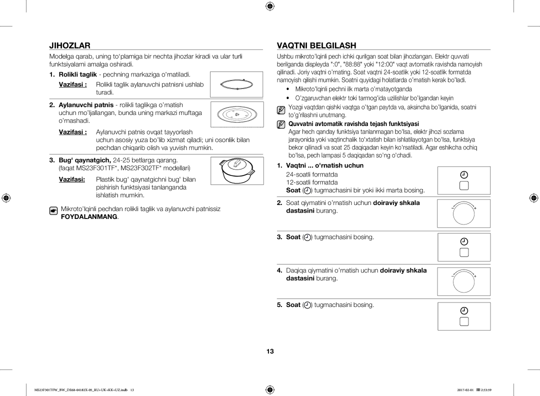 Samsung MS23F301TFW/BW manual Jihozlar, Vaqtni Belgilash, Vazifasi, Quvvatni avtomatik ravishda tejash funktsiyasi 