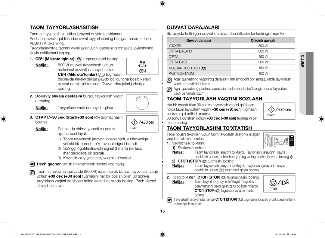 Samsung MS23F301TAW/BW, MS23F302TAS/BW manual Taom TAYYORLASH/ISITISH, Quvvat Darajalari, Taom Tayyorlash Vaqtini Sozlash 