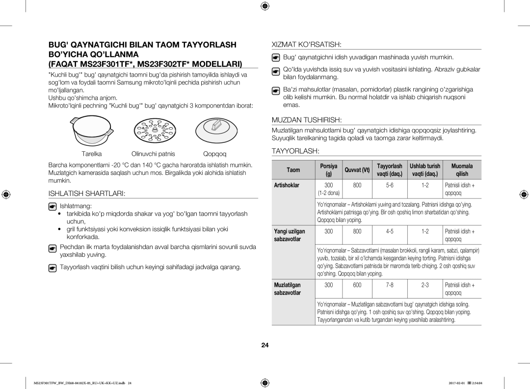 Samsung MS23F302TAS/BW, MS23F301TFW/BW, MS23F302TAK/BW Ishlatish Shartlari, Xizmat Korsatish, Muzdan Tushirish, Tayyorlash 