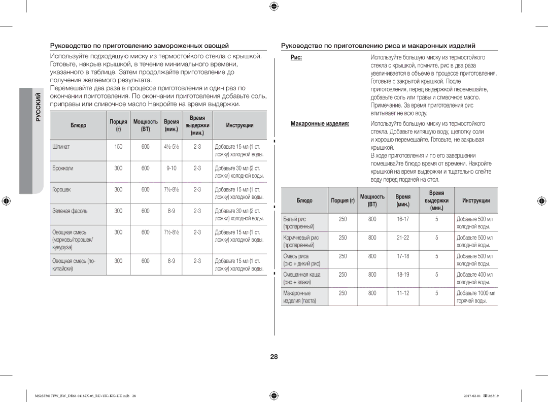 Samsung MS23F302TAS/BW manual Руководство по приготовлению риса и макаронных изделий, Готовьте с закрытой крышкой. После 