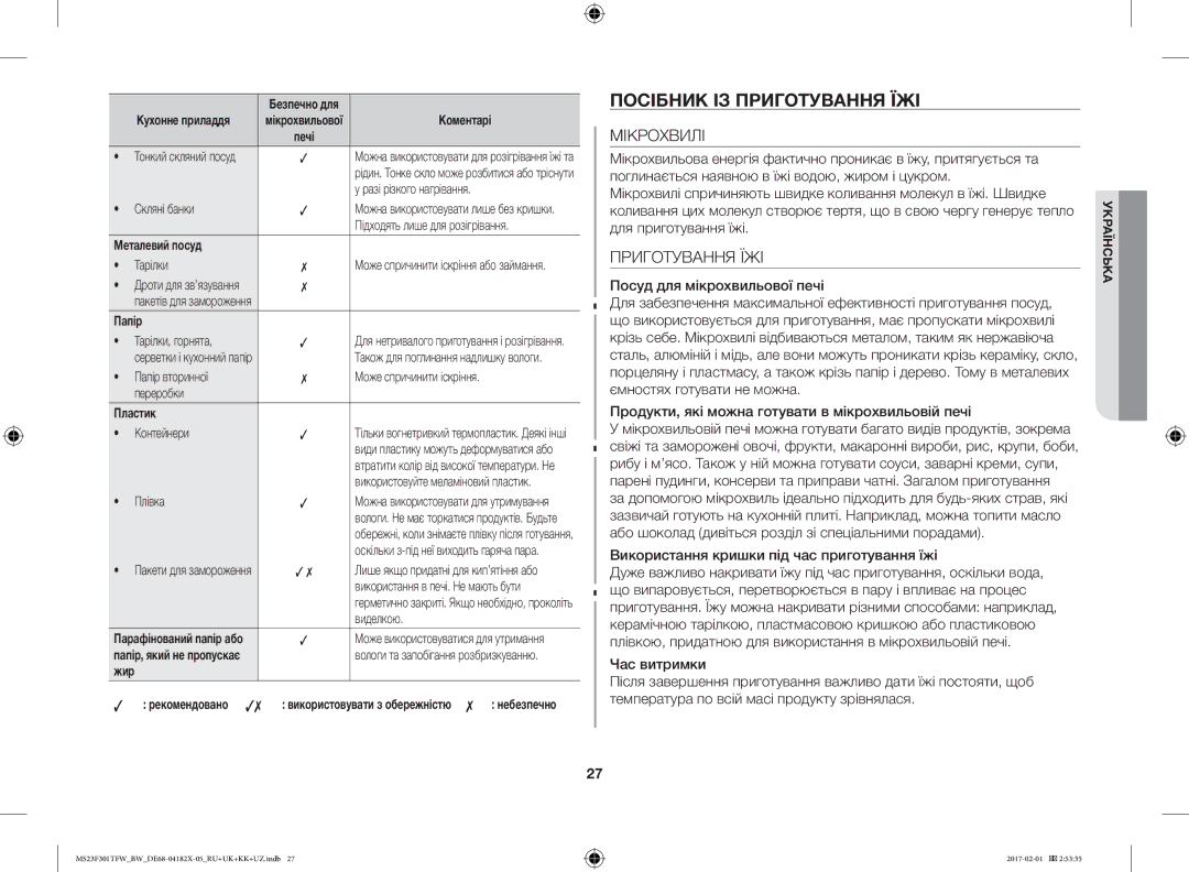 Samsung MS23F301TAW/BW manual Посібник ІЗ Приготування ЇЖІ, Мікрохвилі, Використання кришки під час приготування їжі 