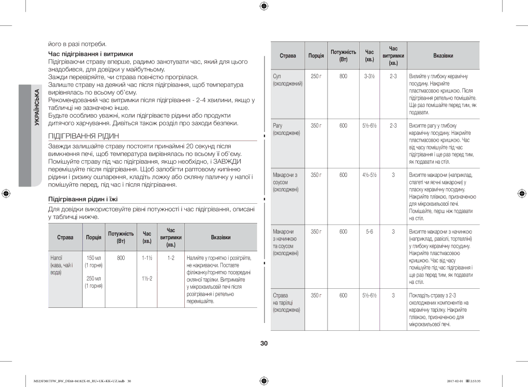 Samsung MS23F302TAK/BW, MS23F302TAS/BW, MS23F301TFW/BW, MS23F301TAW/BW manual Підігрівання Рідин 