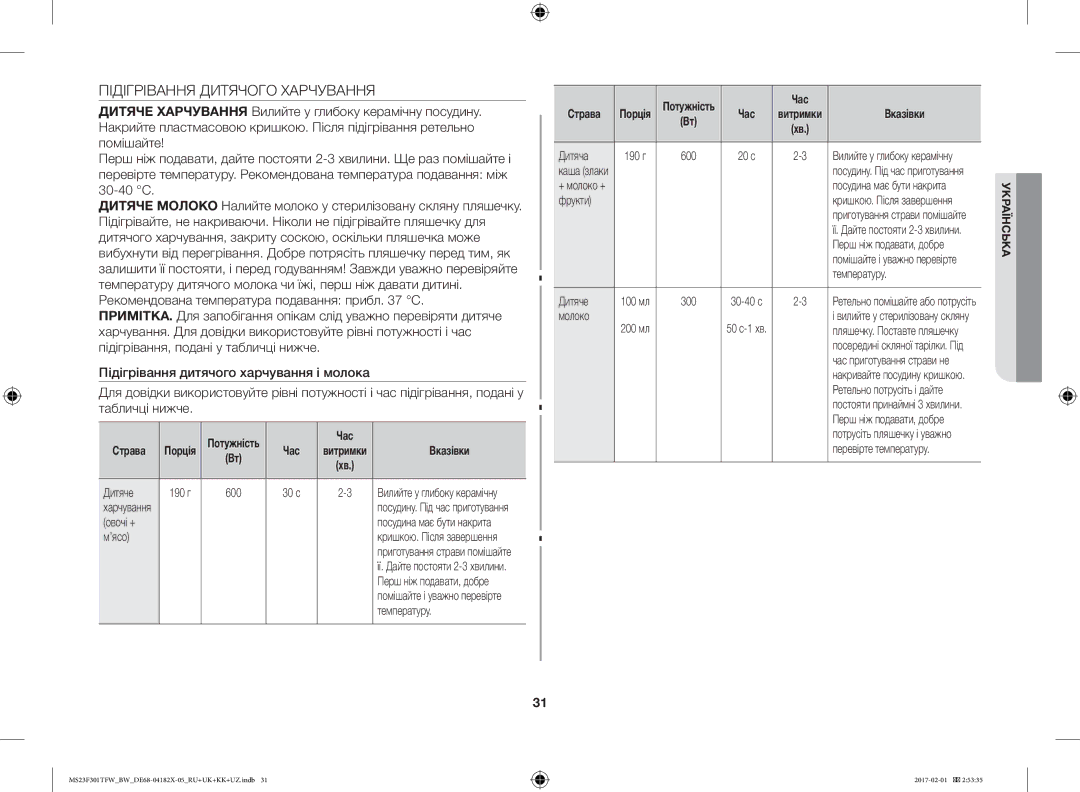 Samsung MS23F301TAW/BW, MS23F302TAS/BW, MS23F301TFW/BW, MS23F302TAK/BW manual Підігрівання Дитячого Харчування 