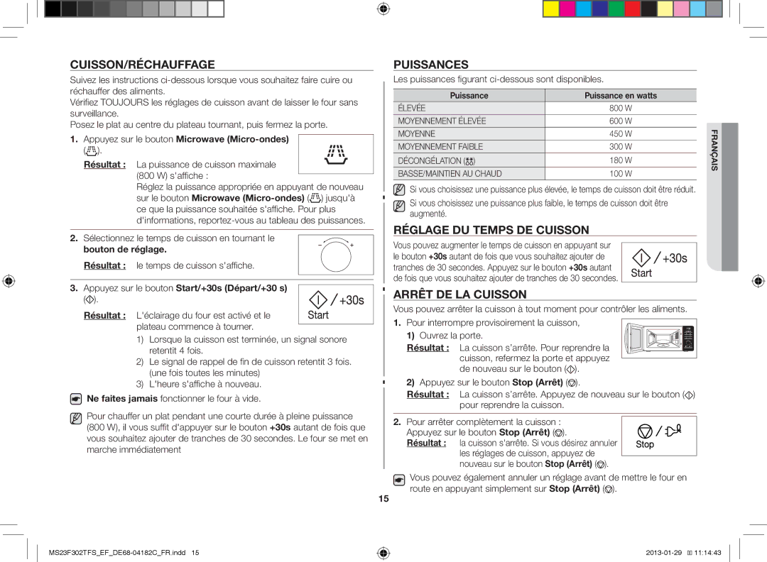 Samsung MS23F302TFS/EF manual Cuisson/Réchauffage, Puissances, Réglage DU Temps DE Cuisson, Arrêt DE LA Cuisson 