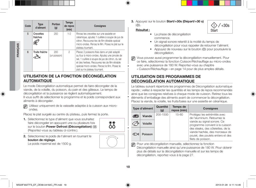 Samsung MS23F302TFS/EF manual Utilisation DE LA Fonction Décongélation Automatique, La phase de décongélation commence 