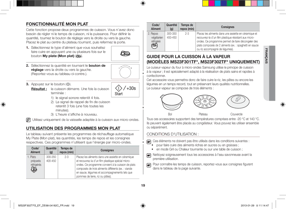 Samsung MS23F302TFS/EF Fonctionnalité MON Plat, Utilisation DES Programmes MON Plat, Conditions Dutilisation, Bol Plateau 