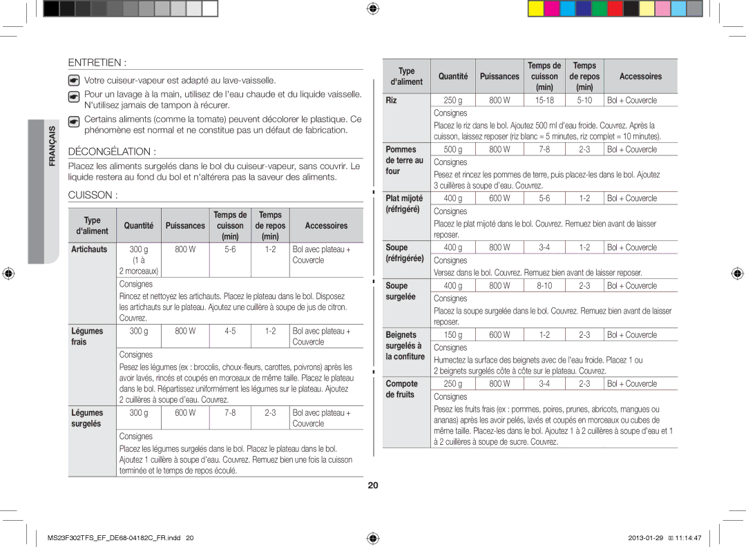 Samsung MS23F302TFS/EF manual Entretien, Décongélation, Cuisson 