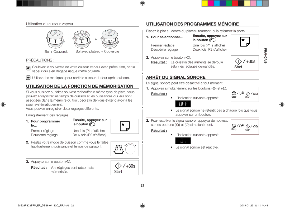 Samsung MS23F302TFS/EF manual Utilisation DE LA Fonction DE Mémorisation, Utilisation DES Programmes Mémoire, Précautions 