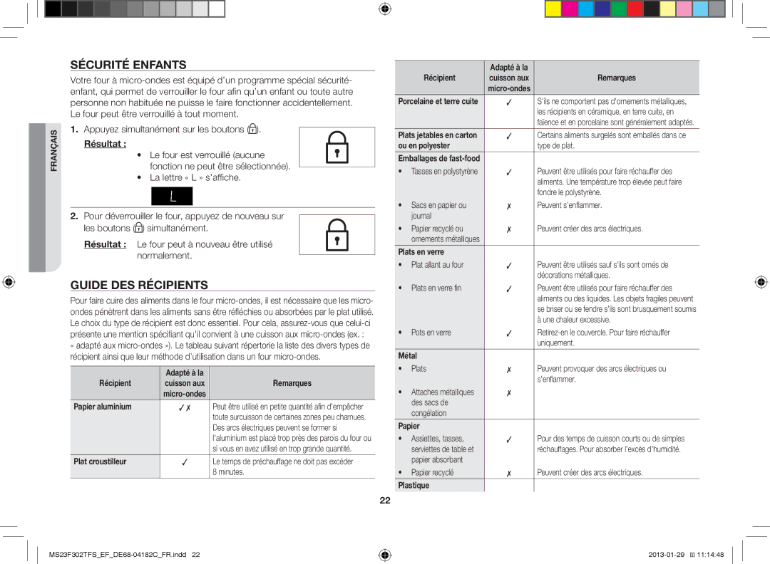 Samsung MS23F302TFS/EF manual Sécurité Enfants, Guide DES Récipients 