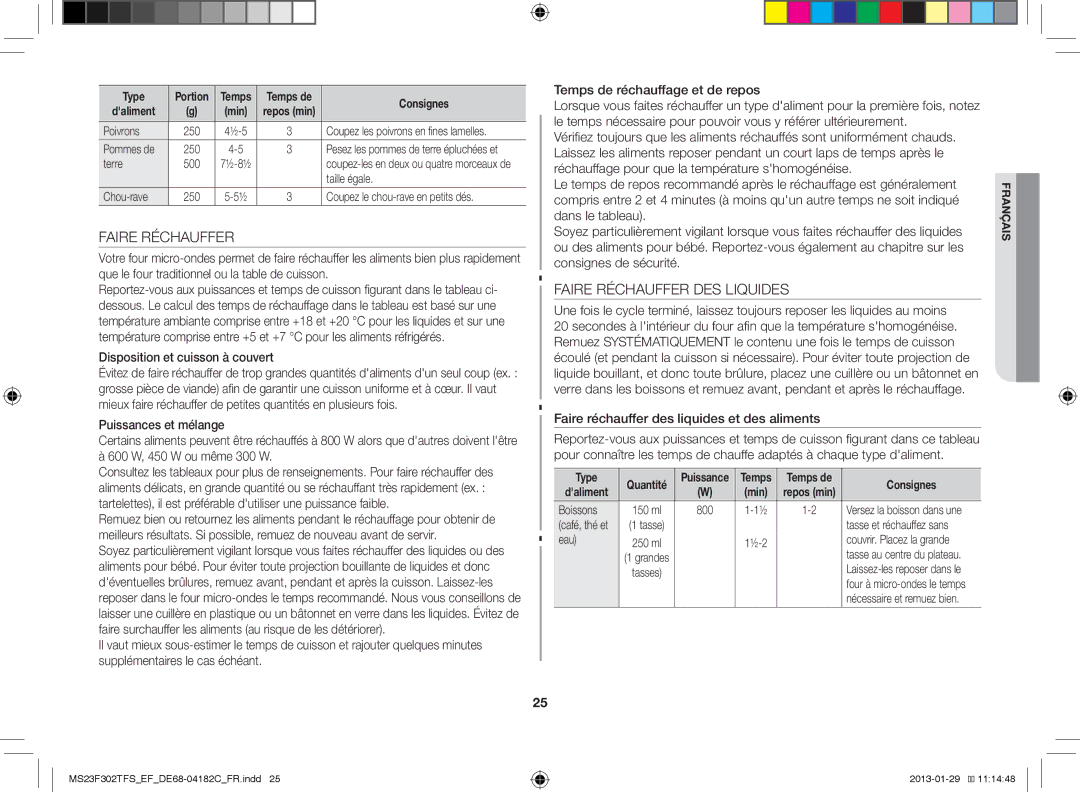 Samsung MS23F302TFS/EF manual Faire Réchauffer DES Liquides, Disposition et cuisson à couvert 