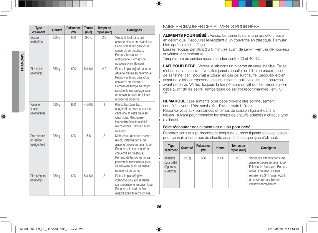 Samsung MS23F302TFS/EF manual Faire Réchauffer DES Aliments Pour Bébé, Type Quantité, Heure 