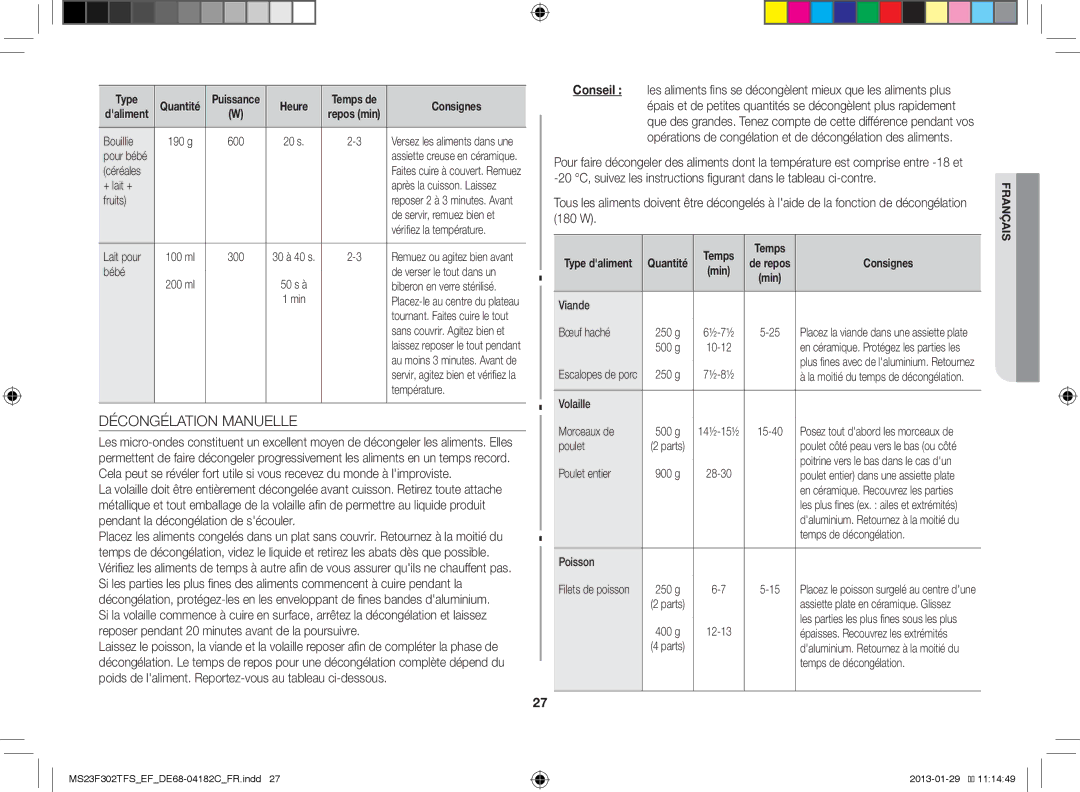 Samsung MS23F302TFS/EF manual Décongélation Manuelle, Conseil 