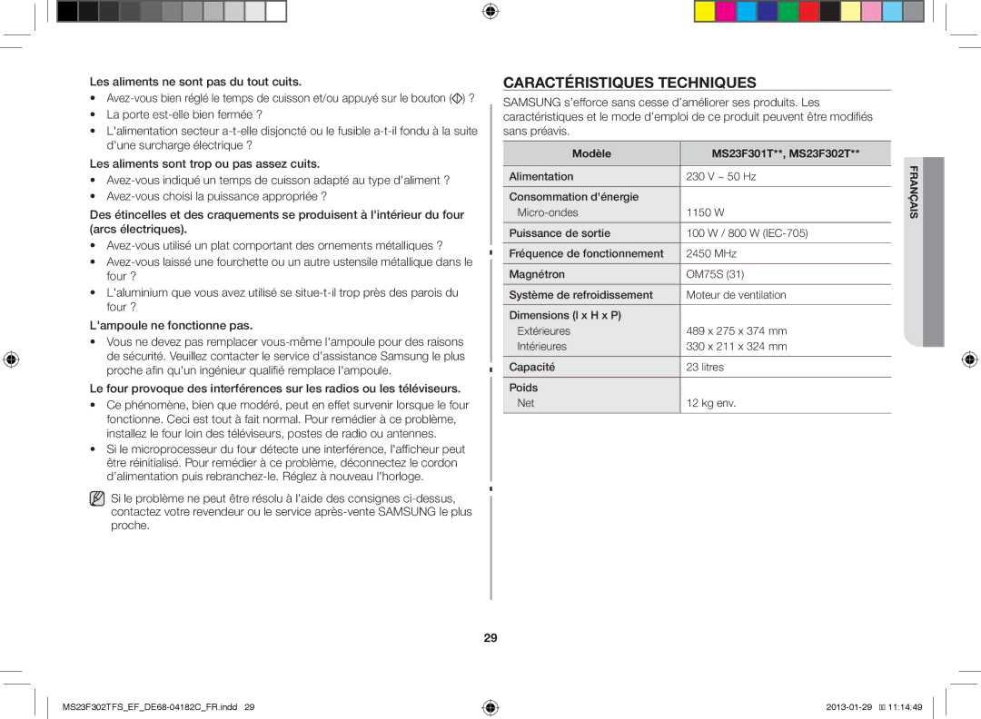 Samsung MS23F302TFS/EF Caractéristiques Techniques, Les aliments ne sont pas du tout cuits, Modèle MS23F301T**, MS23F302T 