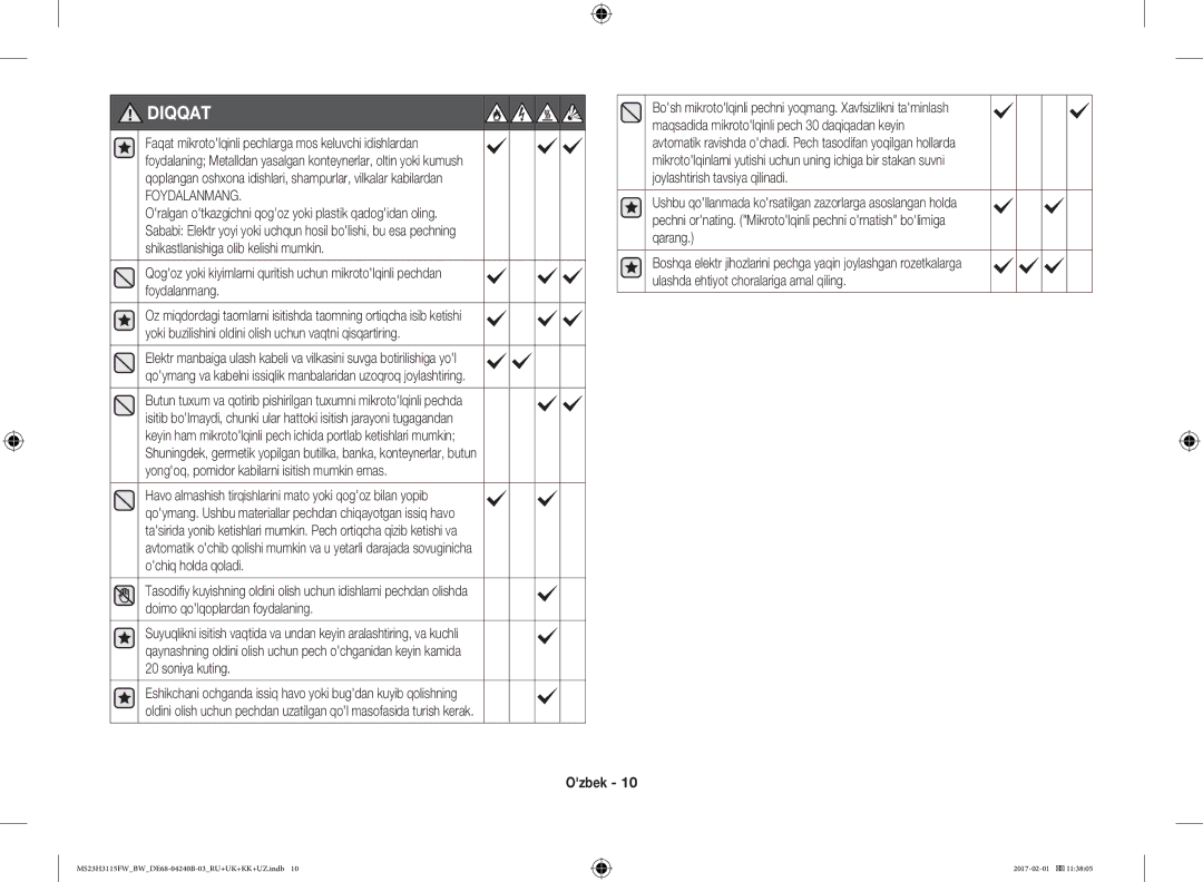 Samsung MS23H3115FK/BW, MS23H3115FW/BW manual Diqqat, Foydalanmang 