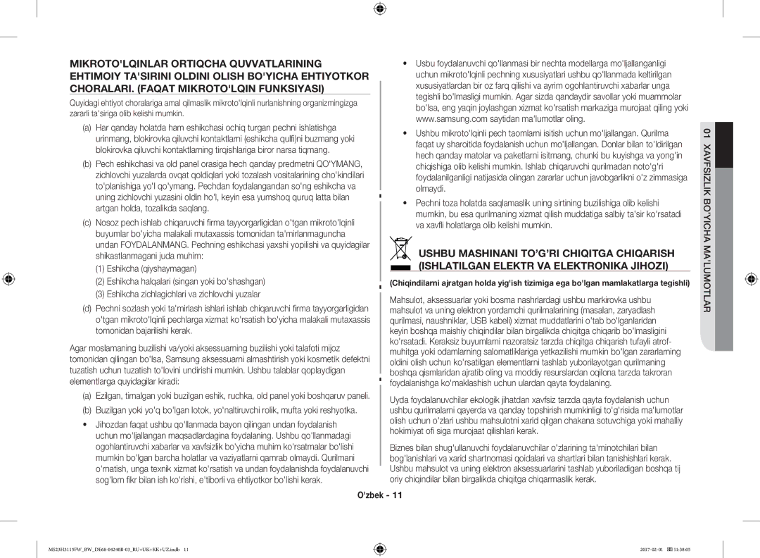 Samsung MS23H3115FW/BW, MS23H3115FK/BW manual MS23H3115FWBWDE68-04240B-03RU+UK+KK+UZ.indb 2017-02-01 