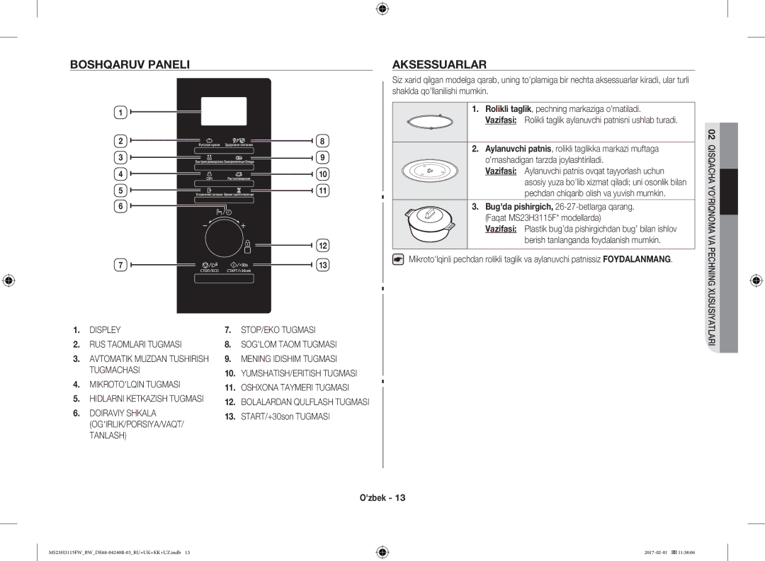 Samsung MS23H3115FW/BW, MS23H3115FK/BW manual Boshqaruv Paneli, Aksessuarlar 