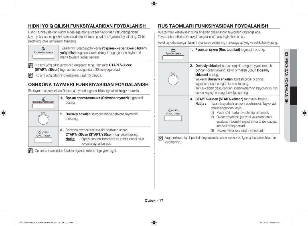 Samsung MS23H3115FW/BW manual Hidni YOQ Qilish Funksiyalaridan Foydalanish, Oshxona Taymeri Funksiyasidan Foydalanish 