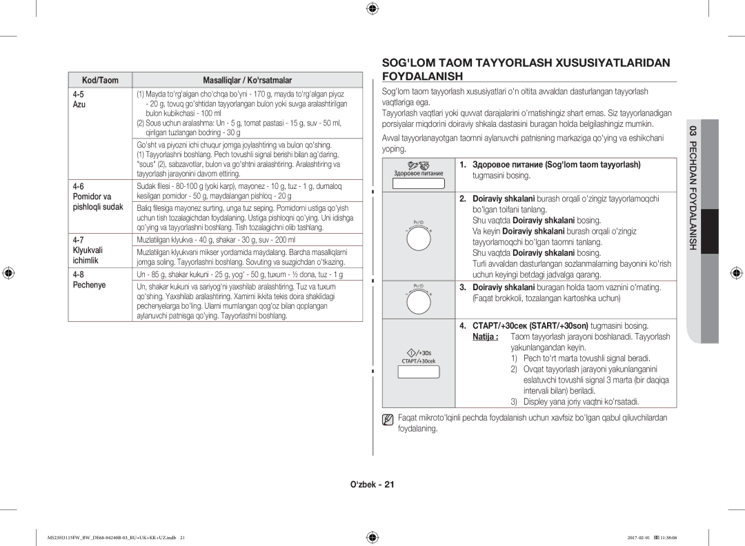 Samsung MS23H3115FW/BW manual Soglom Taom Tayyorlash Xususiyatlaridan Foydalanish, Здоровое питание Soglom taom tayyorlash 