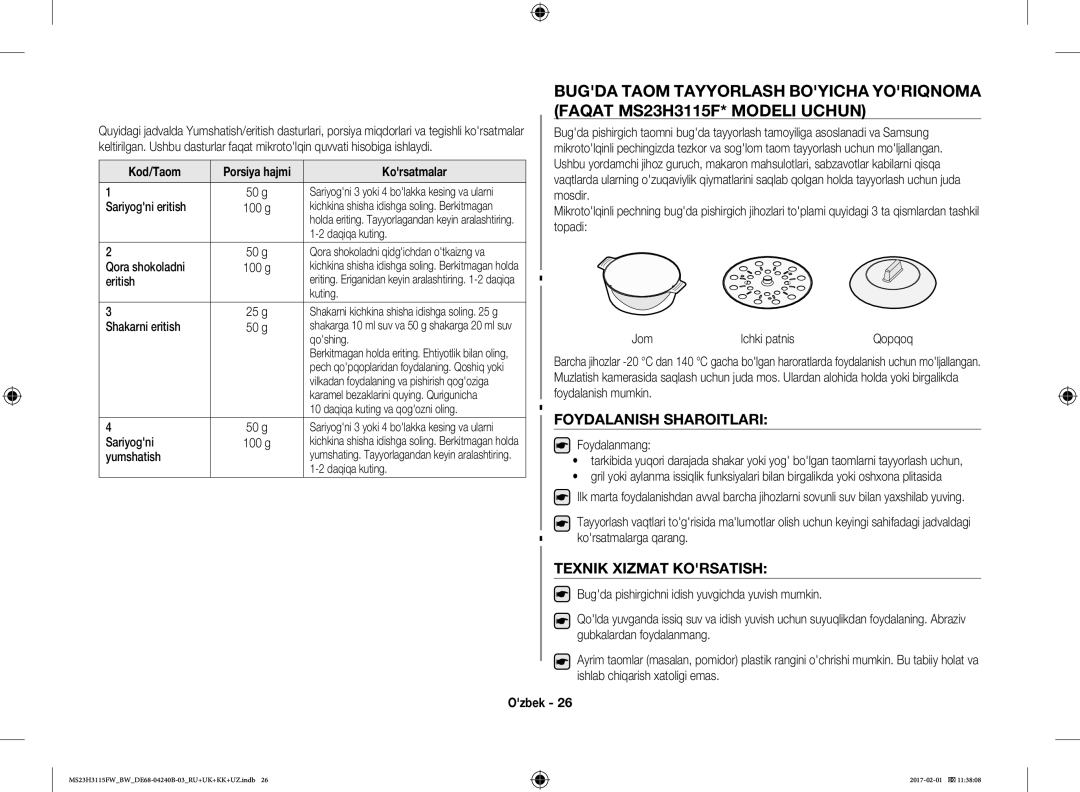 Samsung MS23H3115FK/BW, MS23H3115FW/BW manual Foydalanish Sharoitlari, Texnik Xizmat Korsatish 