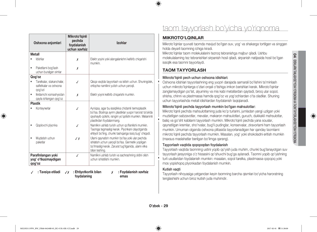 Samsung MS23H3115FW/BW, MS23H3115FK/BW manual Taom tayyorlash boyicha yoriqnoma, Mikrotolqinlar 