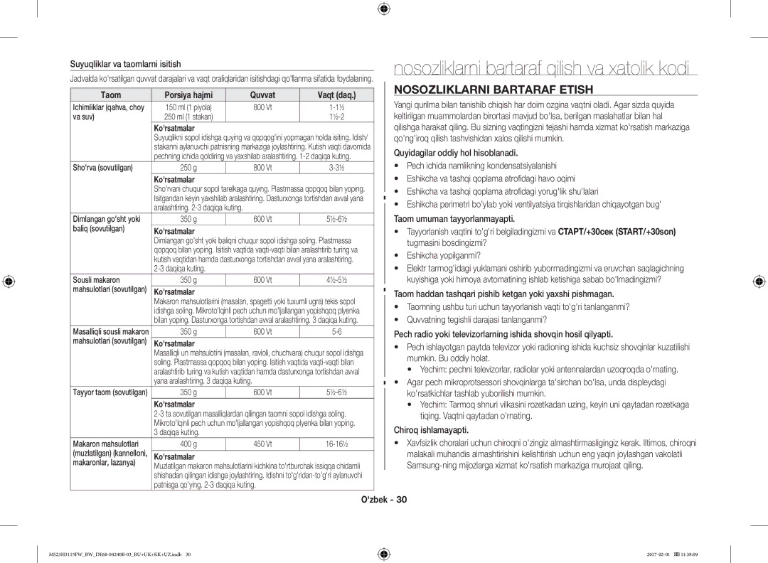 Samsung MS23H3115FK/BW manual Nosozliklarni bartaraf qilish va xatolik kodi, Nosozliklarni Bartaraf Etish, Quvvat Vaqt daq 