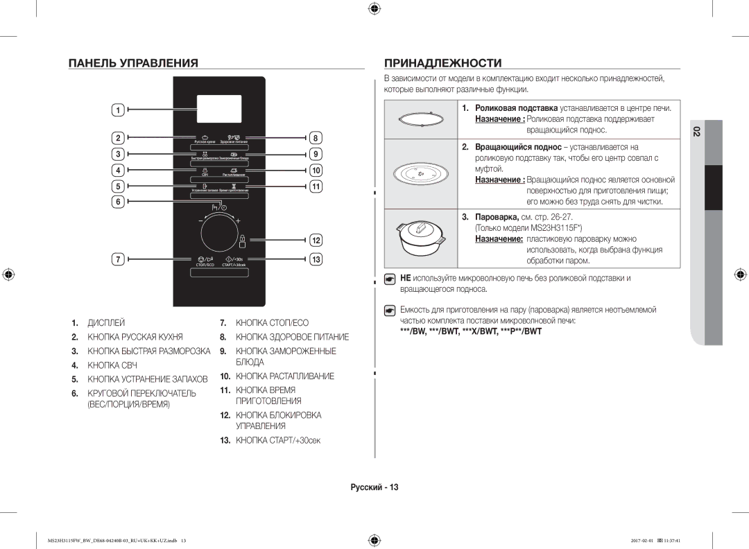 Samsung MS23H3115FW/BW, MS23H3115FK/BW manual Панель Управления, Принадлежности, Bw, ***/Bwt, ***X/Bwt, ***P**/Bwt 