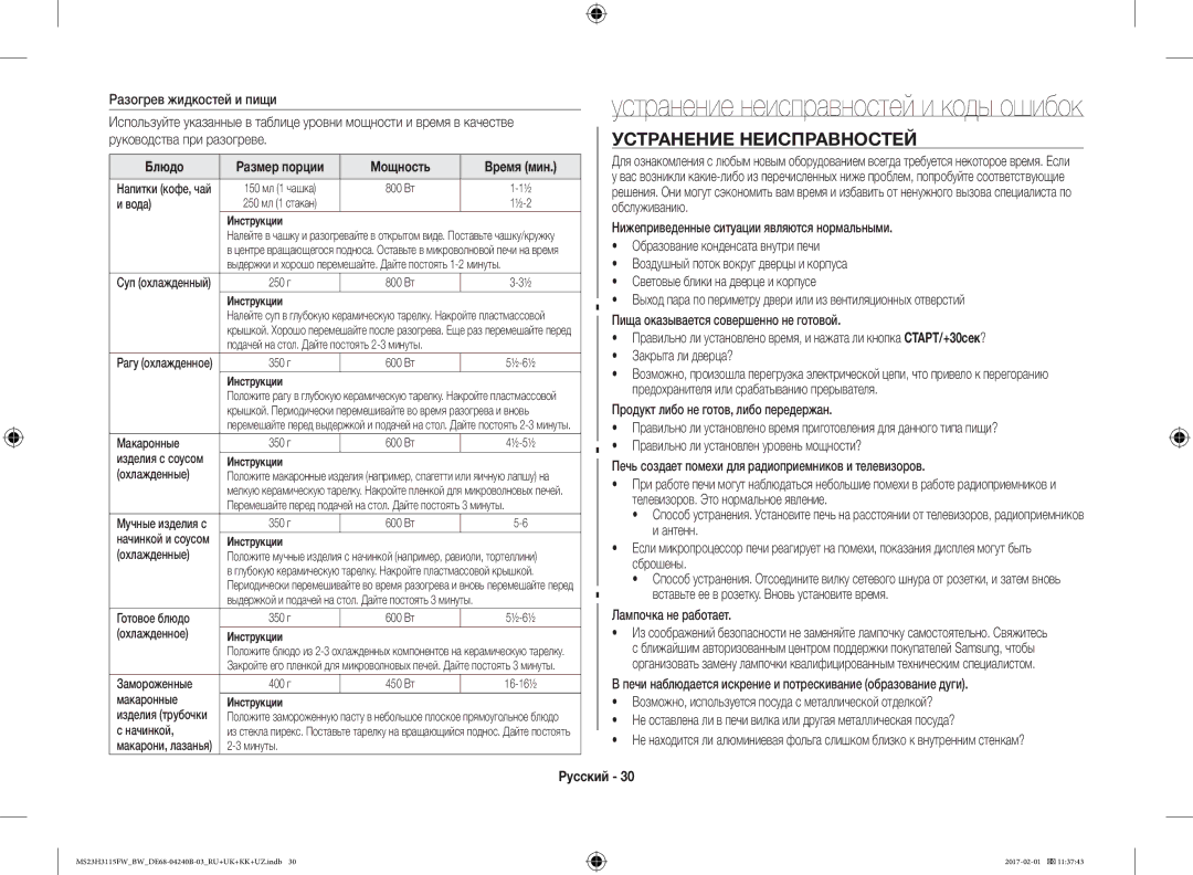 Samsung MS23H3115FK/BW, MS23H3115FW/BW manual Устранение Неисправностей, Мощность Время мин 