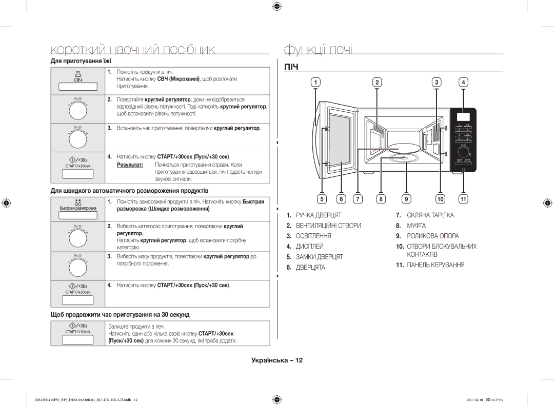 Samsung MS23H3115FK/BW, MS23H3115FW/BW manual Короткий наочний посібник, Функції печі, Піч 