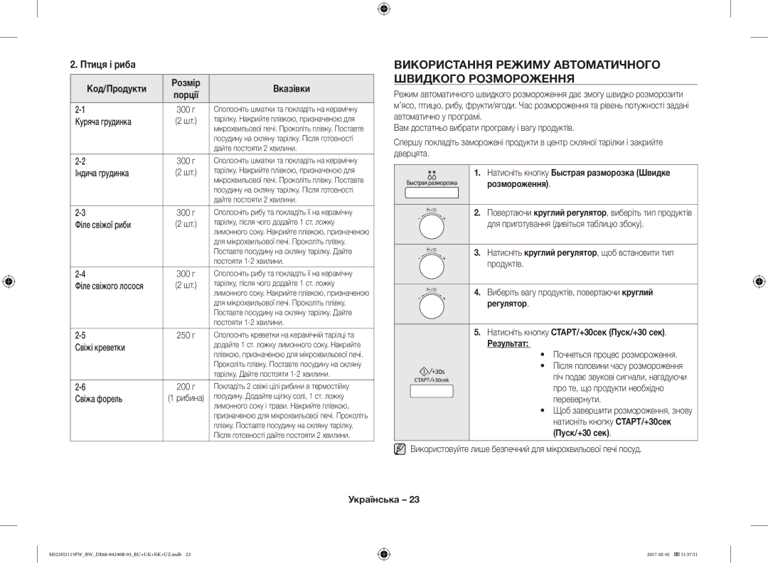 Samsung MS23H3115FW/BW, MS23H3115FK/BW manual Використання Режиму Автоматичного Швидкого Розмороження, Птиця і риба 