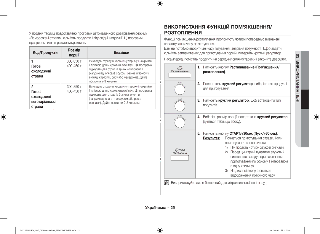 Samsung MS23H3115FW/BW, MS23H3115FK/BW manual Використання Функцій ПОМ’ЯКШЕННЯ/ Розтоплення, Код/Продукти 