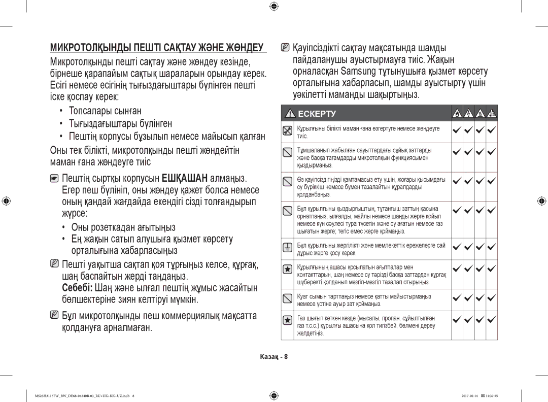 Samsung MS23H3115FK/BW, MS23H3115FW/BW manual Топсалары сынған Тығыздағыштары бүлінген, Оны розеткадан ағытыңыз 