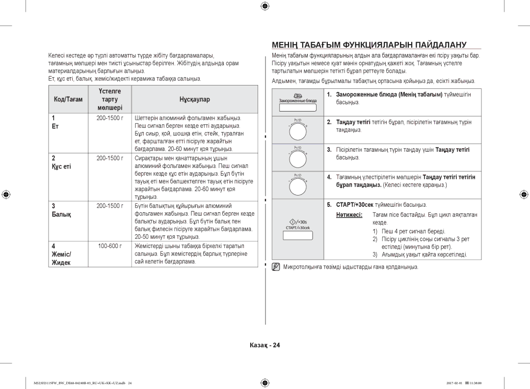 Samsung MS23H3115FK/BW, MS23H3115FW/BW Менің Табағым Функцияларын Пайдалану, Құс еті, Жеміс, Жидек Сай келетін бағдарлама 