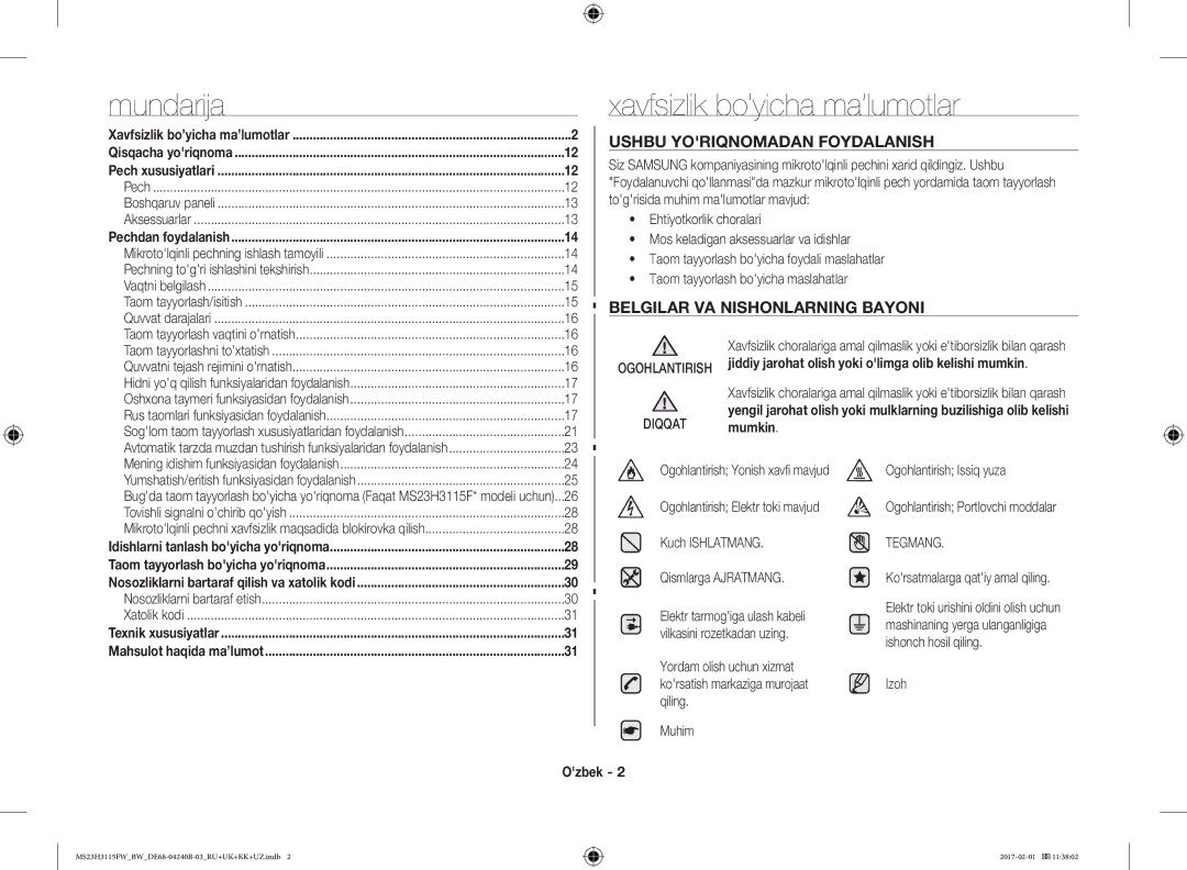 Samsung MS23H3115FK/BW, MS23H3115FW/BW Mundarija, Xavfsizlik bo’yicha ma’lumotlar, Ushbu Yoriqnomadan Foydalanish, Ozbek 