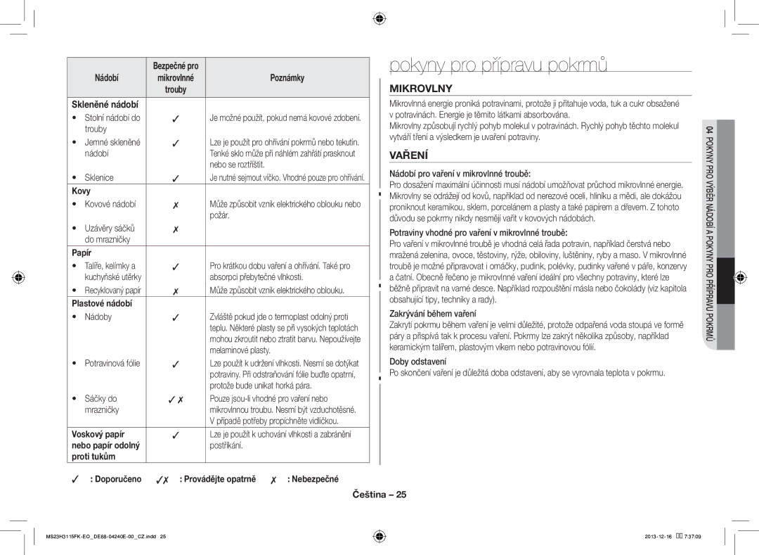 Samsung MS23H3115FK/EO manual Pokyny pro přípravu pokrmů, Mikrovlny 