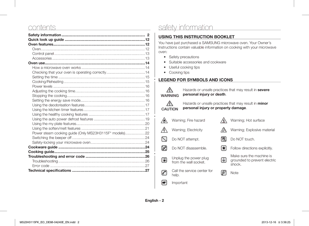 Samsung MS23H3115FK/EO manual Safety information, Contents 