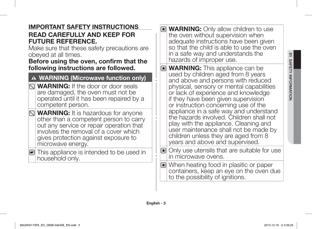 Samsung MS23H3115FK/EO manual Read Carefully and Keep for Future Reference 