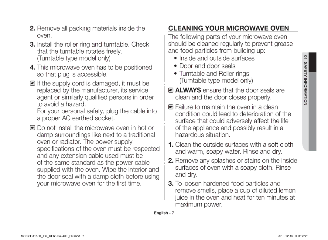 Samsung MS23H3115FK/EO manual Cleaning Your Microwave Oven 