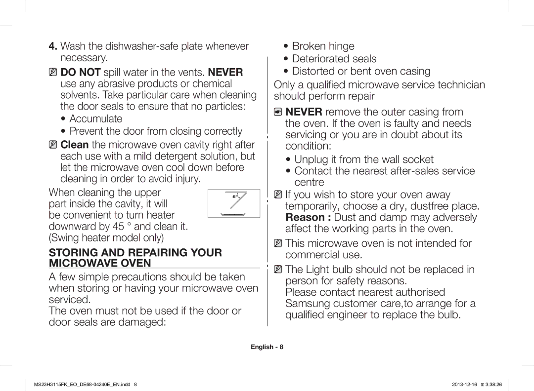 Samsung MS23H3115FK/EO manual Wash the dishwasher-safe plate whenever necessary, Storing and Repairing Your Microwave Oven 