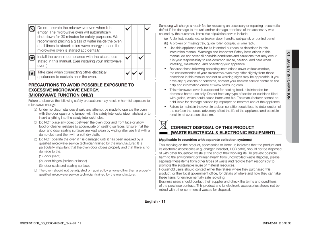 Samsung MS23H3115FK/EO manual Applicable in countries with separate collection systems 