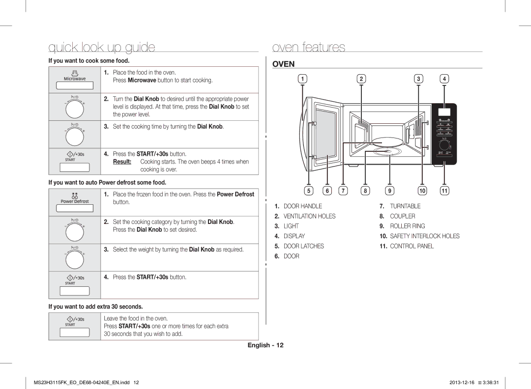 Samsung MS23H3115FK/EO manual Quick look up guide, Oven features 