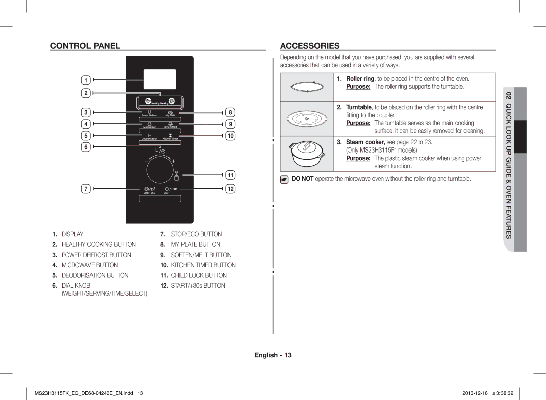 Samsung MS23H3115FK/EO manual Control Panel, Accessories, START/+30s Button 