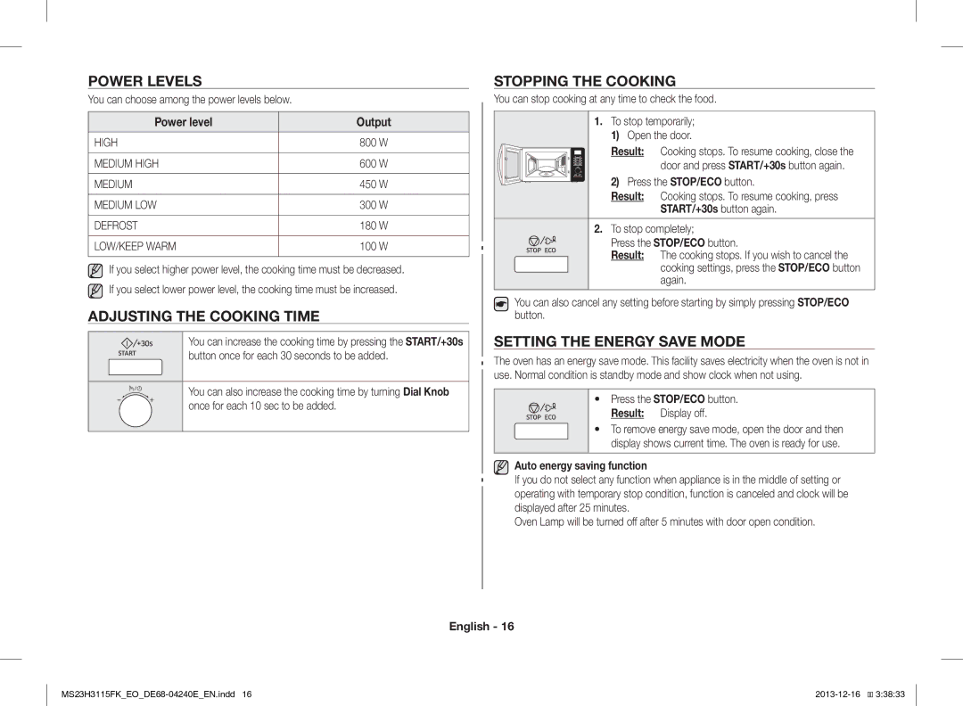 Samsung MS23H3115FK/EO manual Power Levels, Adjusting the Cooking Time, Stopping the Cooking, Setting the Energy Save Mode 