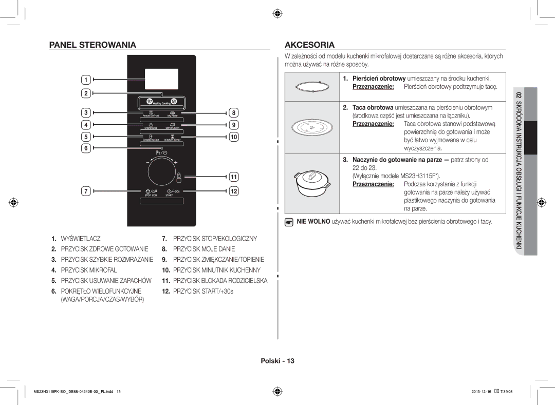 Samsung MS23H3115FK/EO manual Panel Sterowania, Akcesoria, Naczynie do gotowanie na parze patrz strony od 22 do 