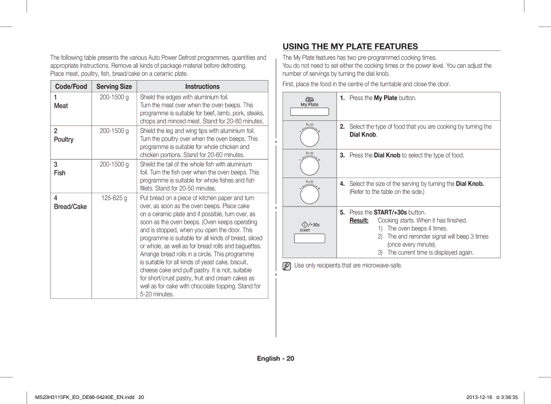 Samsung MS23H3115FK/EO manual Using the MY Plate Features, Code/Food Serving Size 