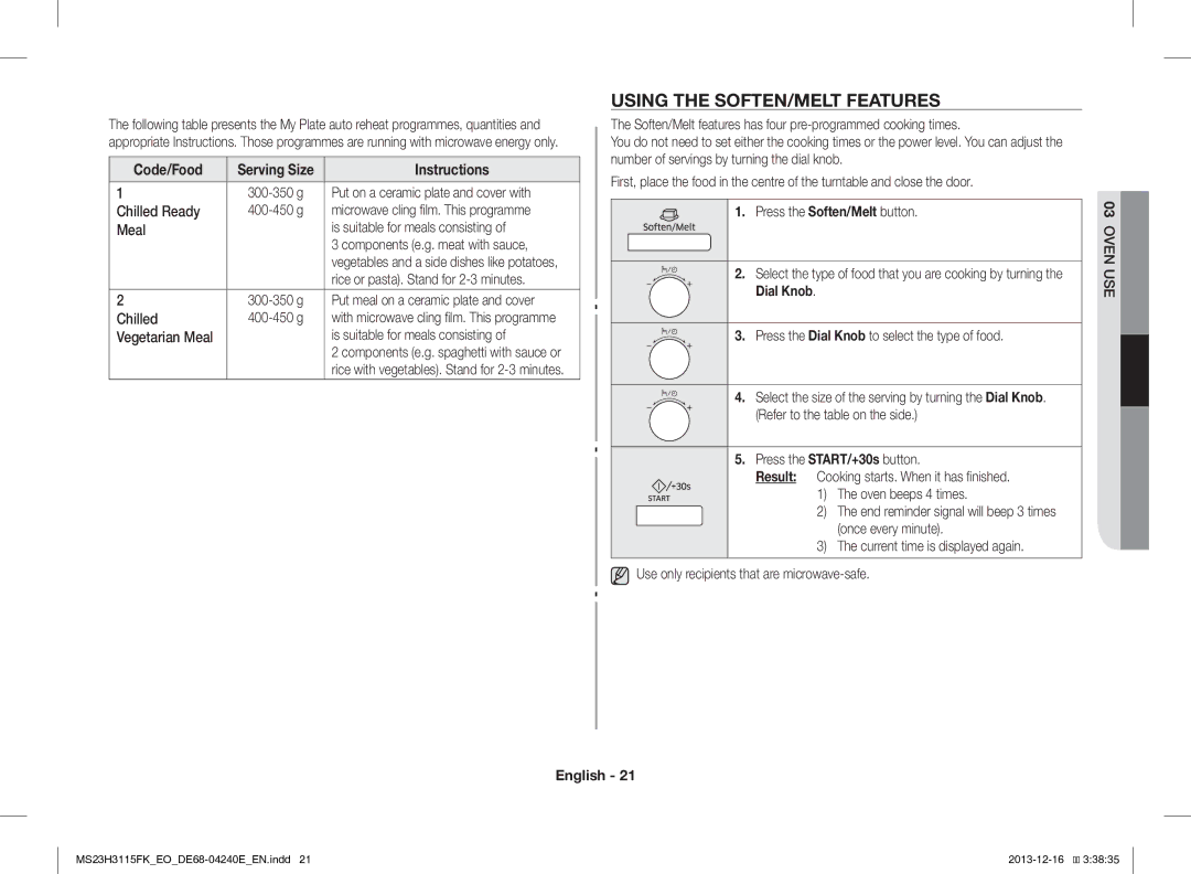 Samsung MS23H3115FK/EO manual Using the SOFTEN/MELT Features, Code/Food 