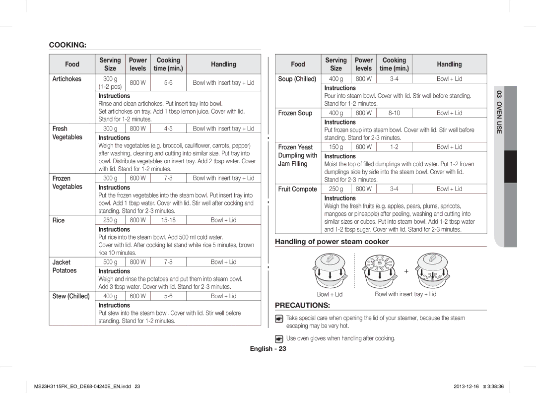 Samsung MS23H3115FK/EO manual Cooking, Handling of power steam cooker, Precautions, Food 