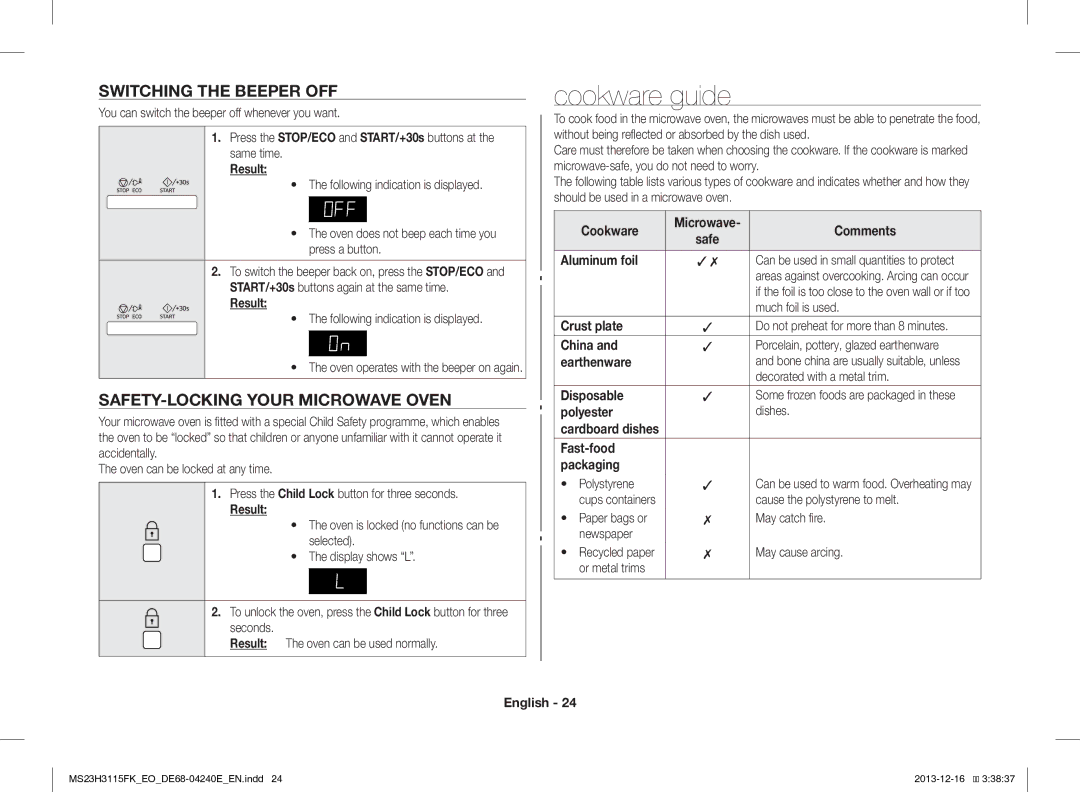 Samsung MS23H3115FK/EO manual Cookware guide, Switching the Beeper OFF, SAFETY-LOCKING Your Microwave Oven 