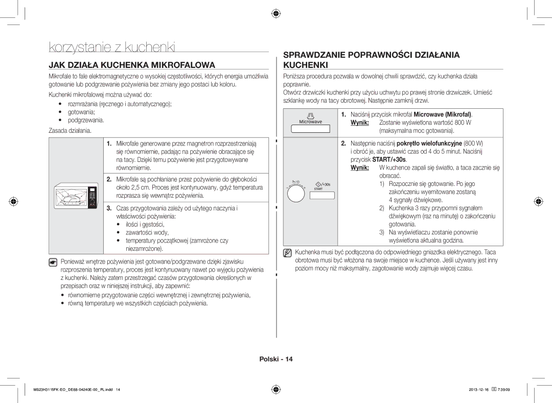 Samsung MS23H3115FK/EO Korzystanie z kuchenki, JAK Działa Kuchenka Mikrofalowa, Sprawdzanie Poprawności Działania Kuchenki 